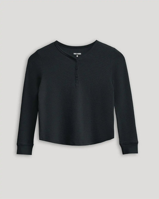 Girls Black Long Sleeve Boxy Waffle Henley